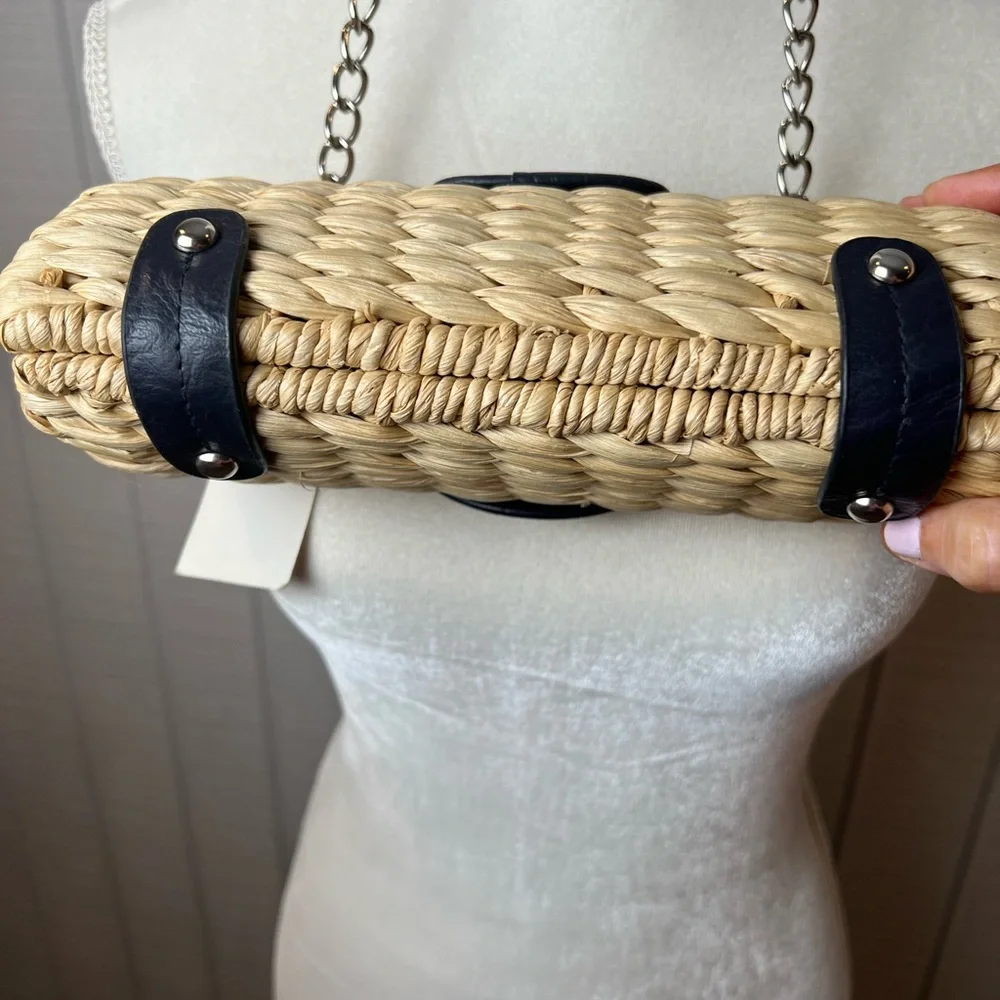 Straw studios weaved Ratan Shoulder Bag purse chain strap Pink , Tan , Navy NWT - Picture 4 of 10
